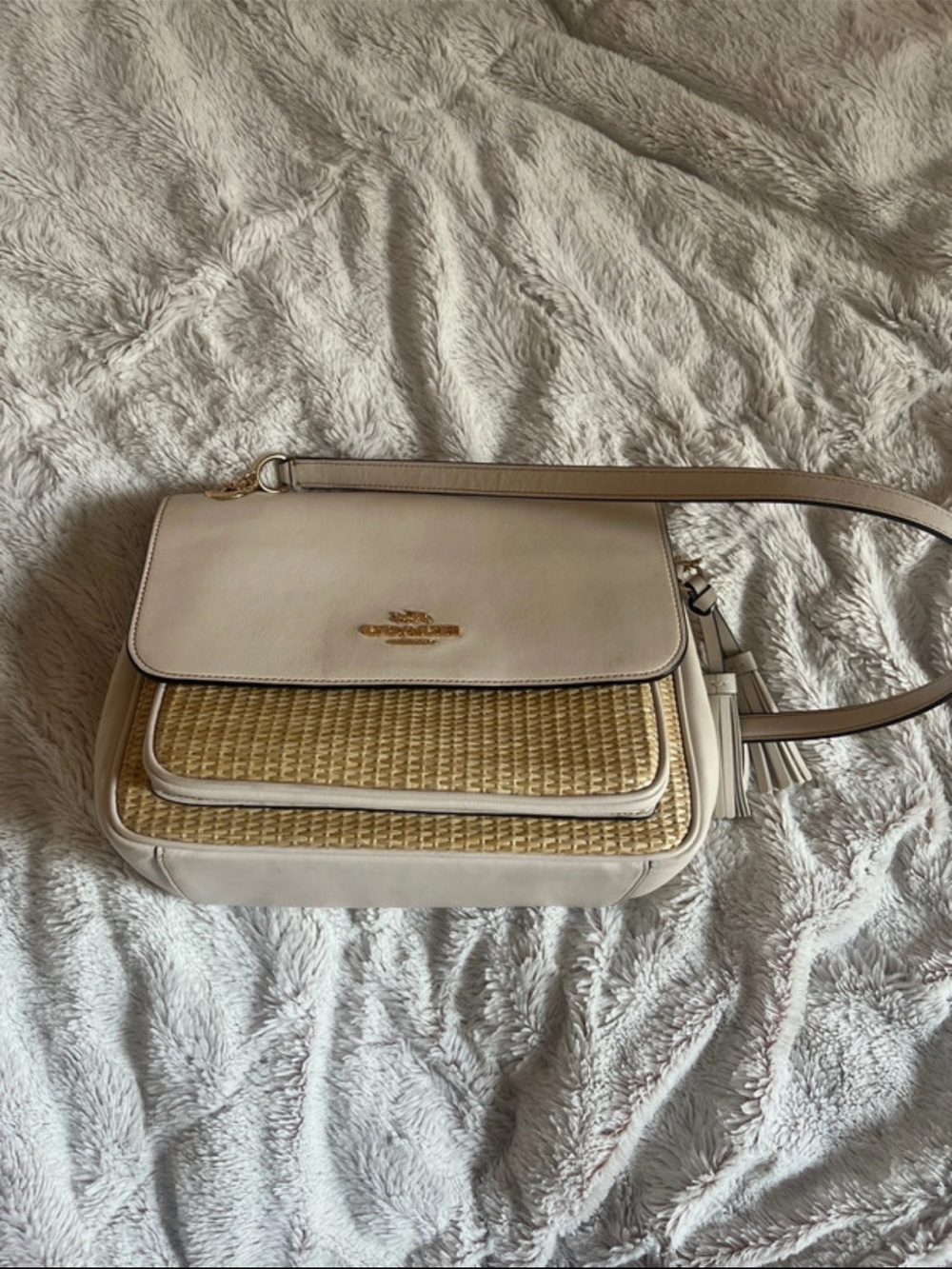 Coach Cream Leather Crossbody with Woven Natural Panel